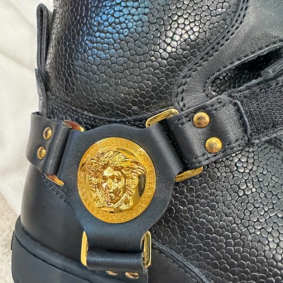 Versace Black and Gold High-Top Sneakers with Gold Hardware